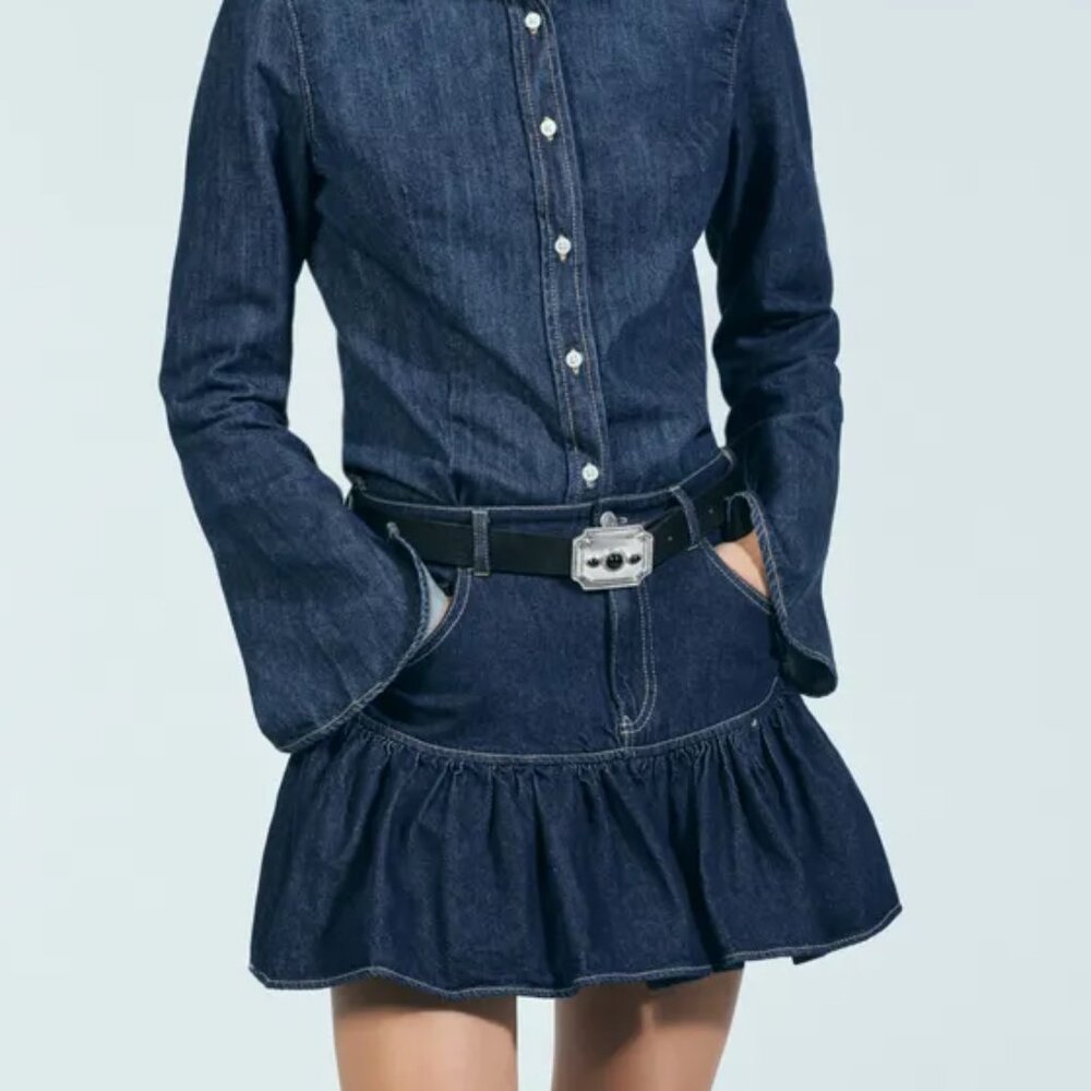 Zara Denim Mini Skirt Blue | Mid-Rise Ruched Hem | Women’s S | NWT